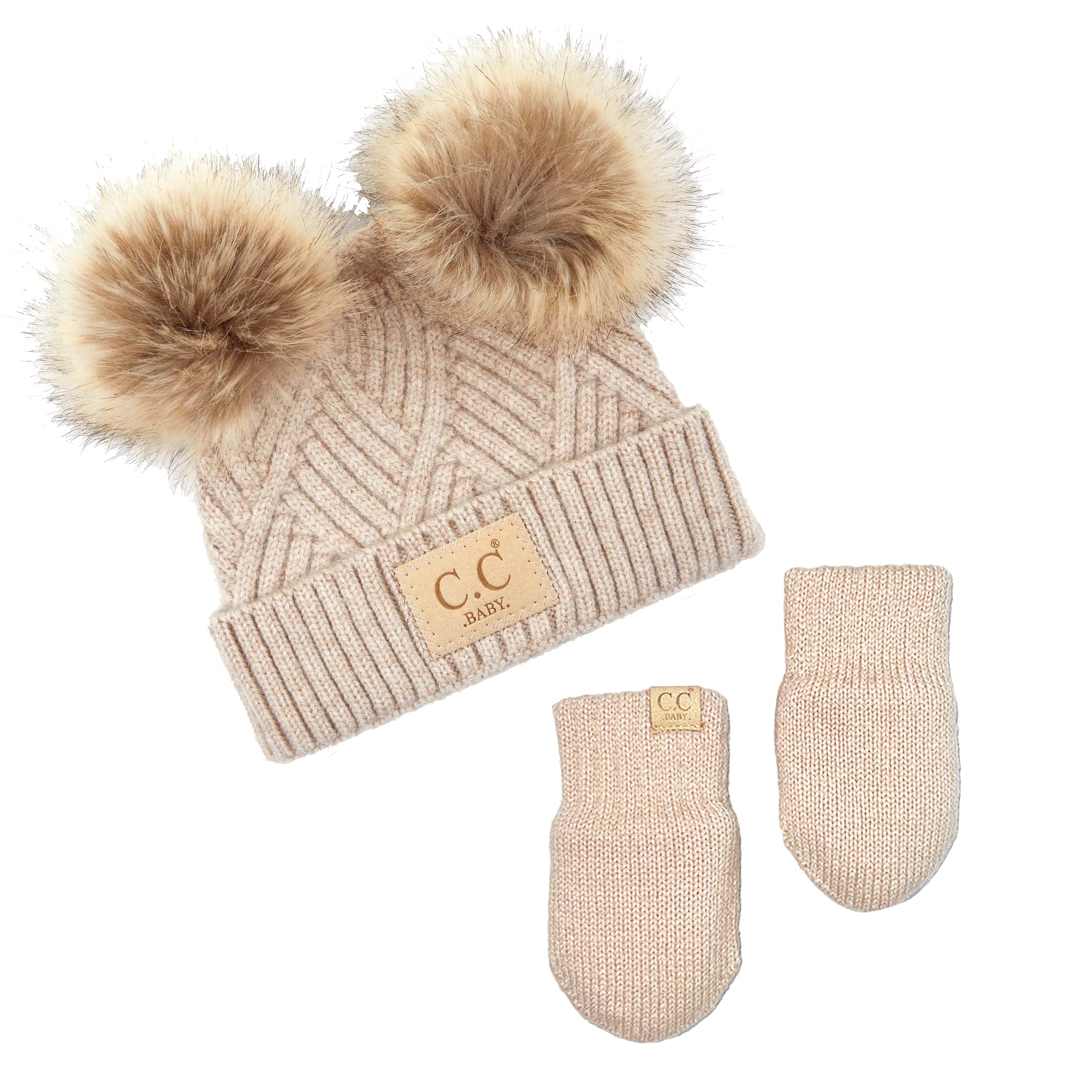 Funky Junque Infant Double Pom Beanie and Mittens Set - Diagonal Basketweave - Beige