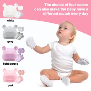 4 Sets Newborn Baby Hat and Mittens Toddler Beanie Cap Non Slip Socks for 0-6 Months (White, Gray, Pink, Purple)