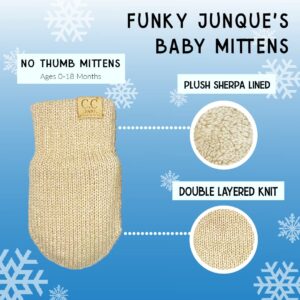 Funky Junque Infant Double Pom Beanie and Mittens Set - Diagonal Basketweave - Beige