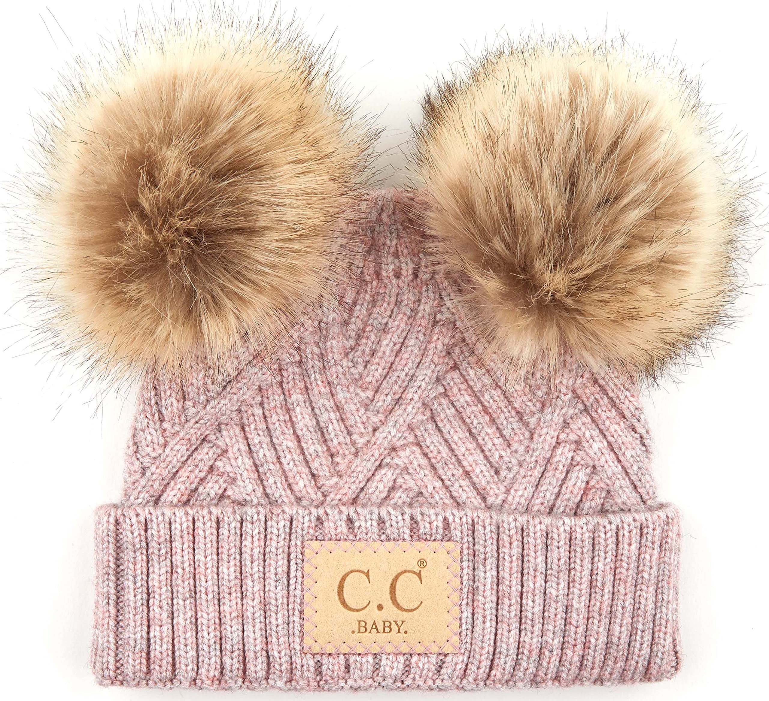 Funky Junque Baby/Infant Double Pom Beanie: Diagonal Basketweave Pattern - Rose