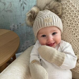 Funky Junque Infant Double Pom Beanie and Mittens Set - Diagonal Basketweave - Beige