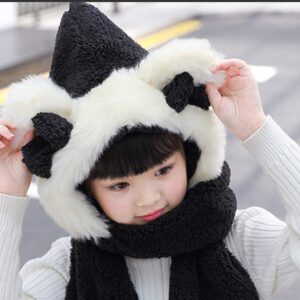 Kids Toddler Cartoon Fleece Hat Gloves Scarf 3 in 1 Set Girls Boys Winter Cute Warm Long Hoodie Earflap Hat A-Black