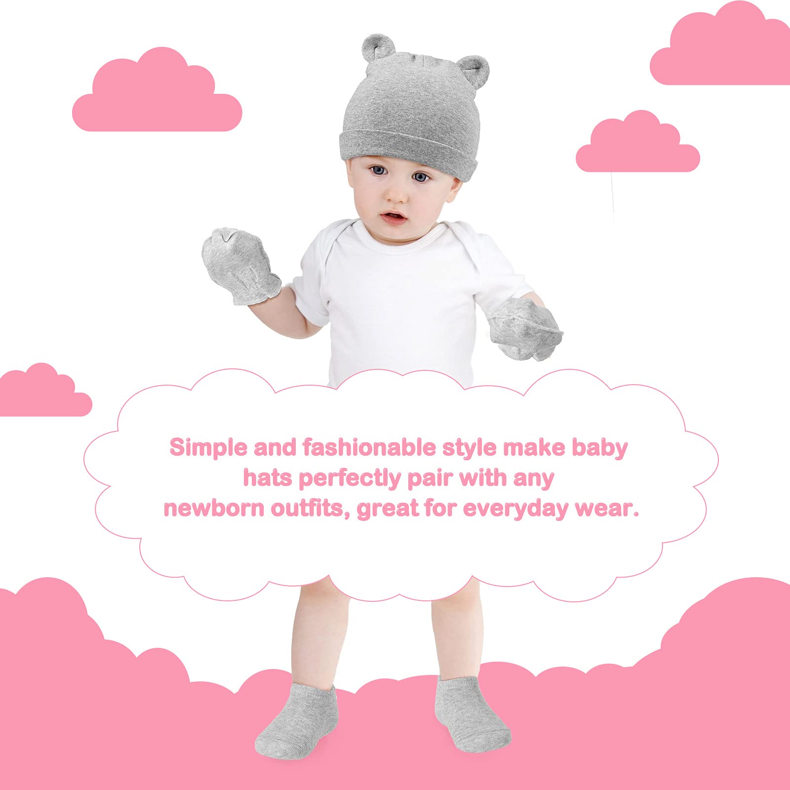 4 Sets Newborn Baby Hat and Mittens Toddler Beanie Cap Non Slip Socks for 0-6 Months (White, Gray, Pink, Purple)