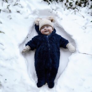 Funky Junque Infant Double Pom Beanie and Mittens Set - Diagonal Basketweave - Beige