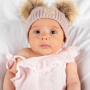 Funky Junque Baby/Infant Double Pom Beanie: Diagonal Basketweave Pattern - Rose