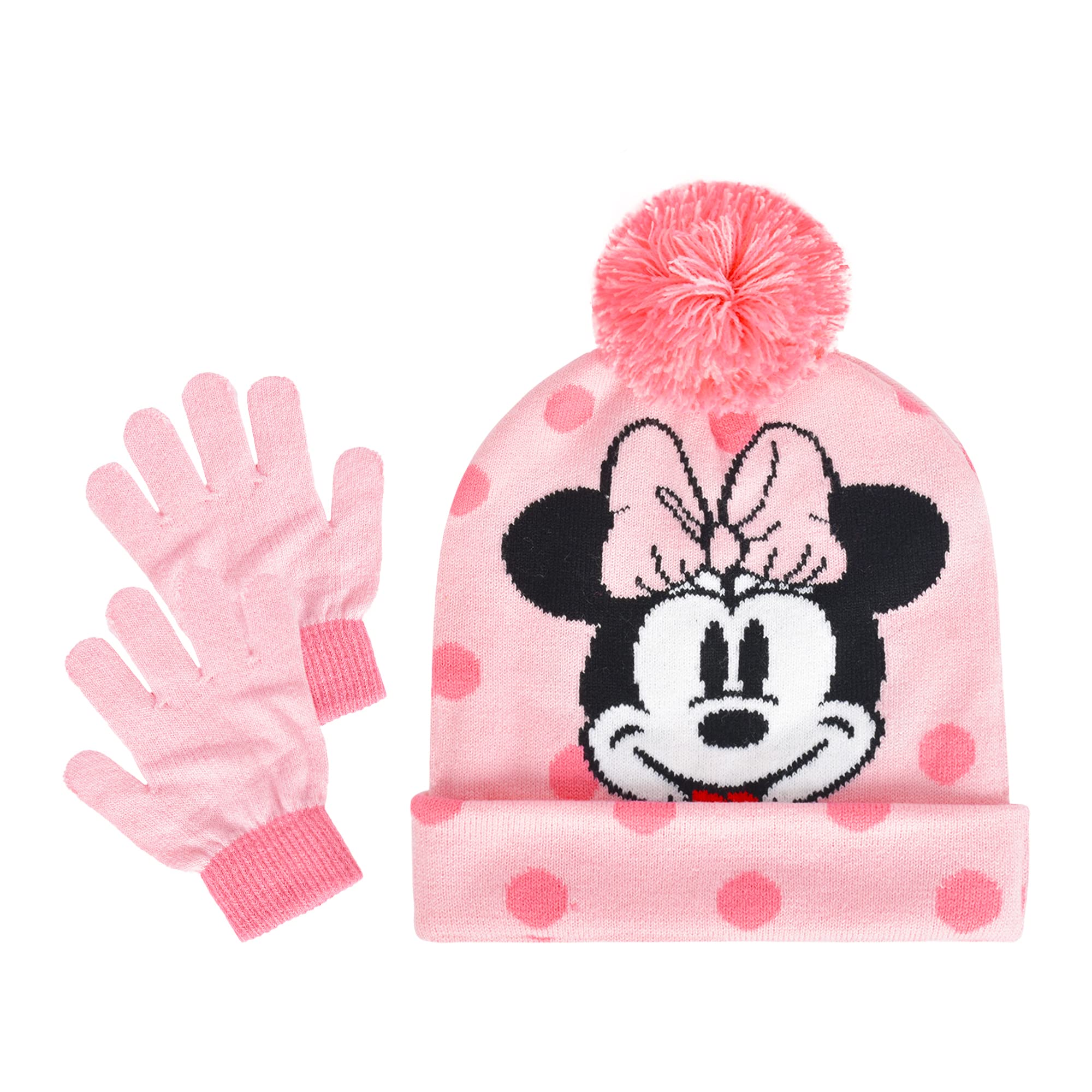 Disney Minnie Mouse Beanie Hat and Gloves Set, Kids Polka Dot Cuffed Winter Knit Cap with Pom and Mittens, Pink, One Size