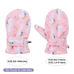 Lined Fleece Toddler Mittens Kids Winter Warm Gloves Child Ski Gloves Waterproof Snow Baby Mitten for Boys Girls Pink Seahorse L