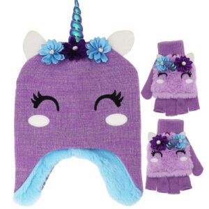 Little Girls Winter Unicorn Beanie Hat and Gloves Set Kids Knitted Earflap Cap Flip Top Mitten Set