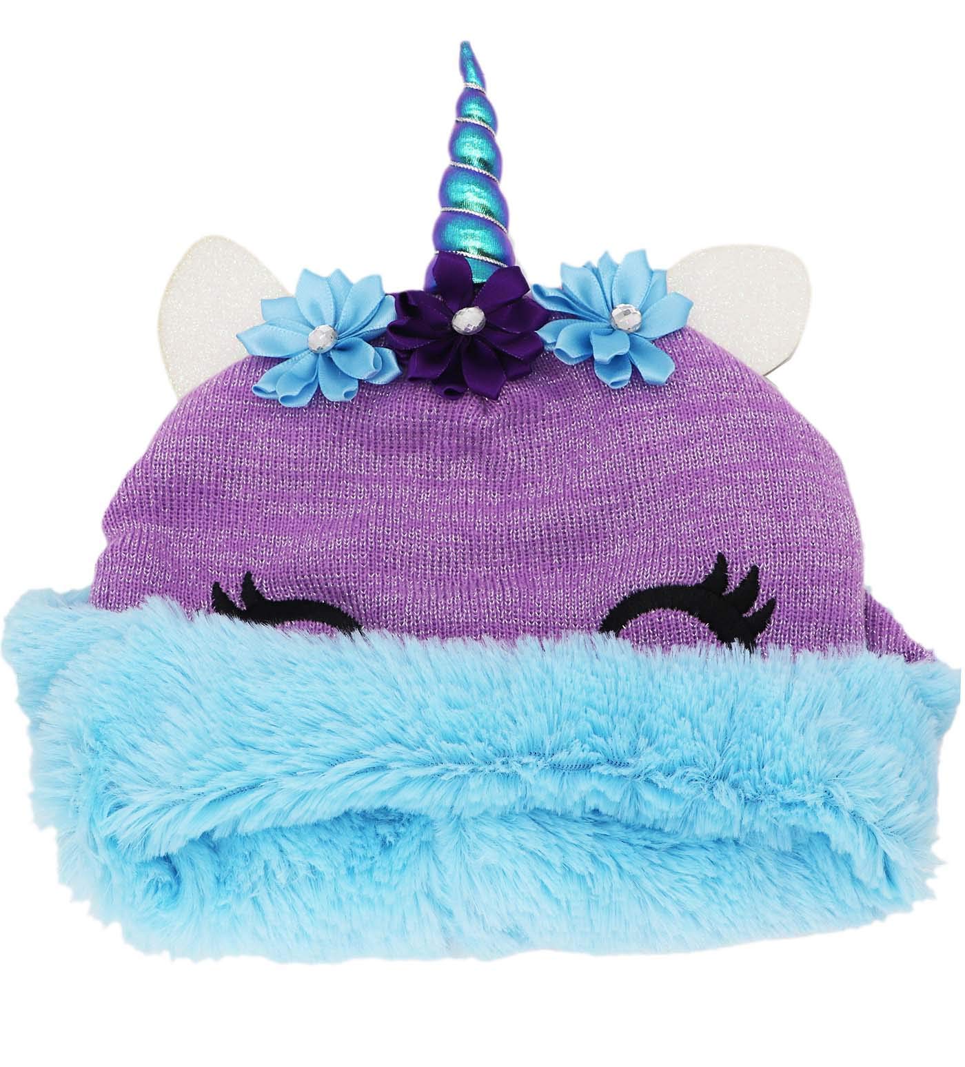 Little Girls Winter Unicorn Beanie Hat and Gloves Set Kids Knitted Earflap Cap Flip Top Mitten Set