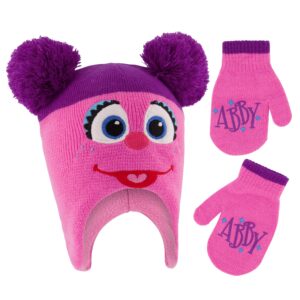 sesame street girls' winter hat and mittens set, abby cadabby beanie for ages 2-4, dark pink