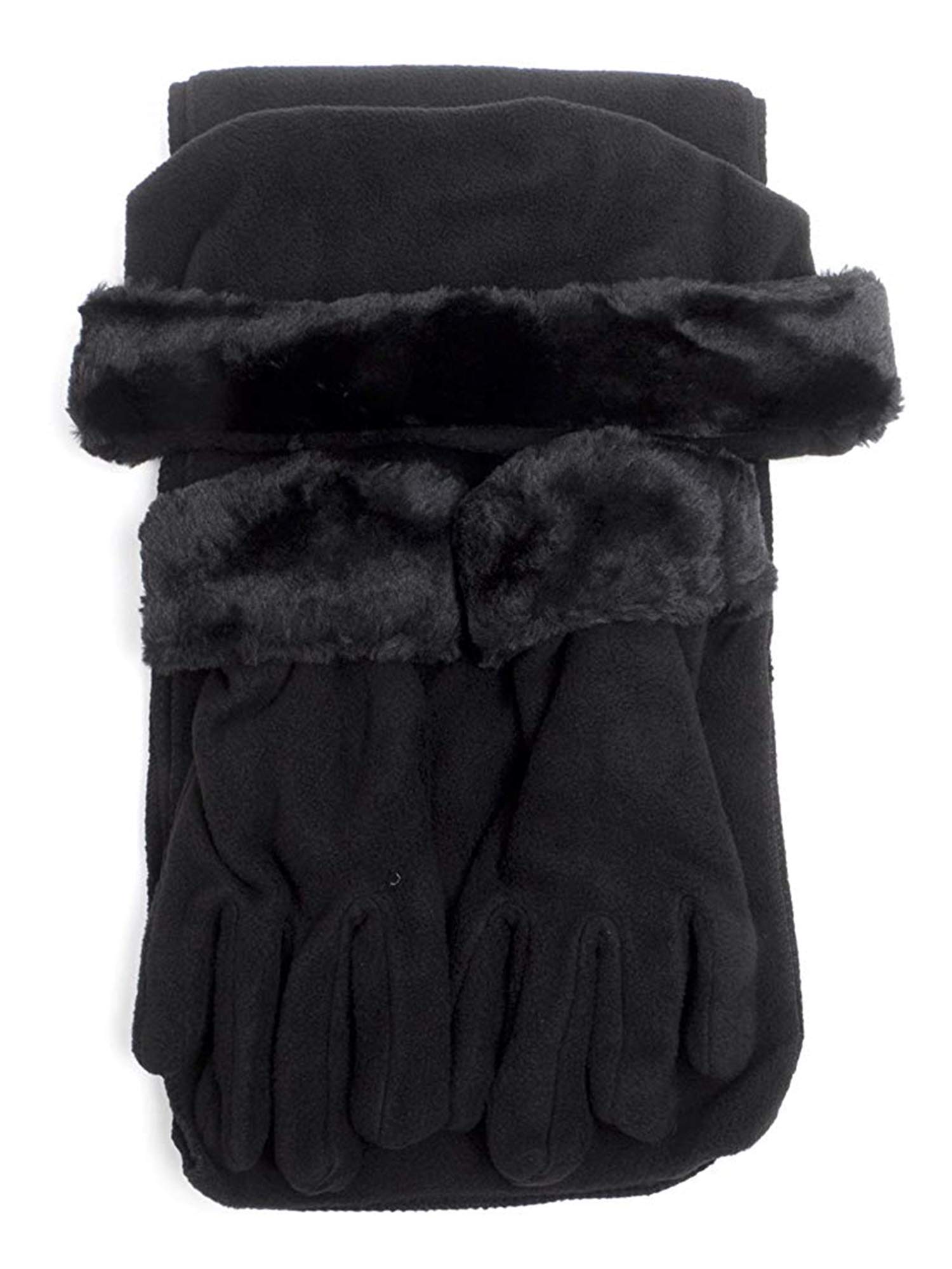 Girl's 6-12 Black Faux Fur Trimmed Matching Gloves, Scarf Winter Set