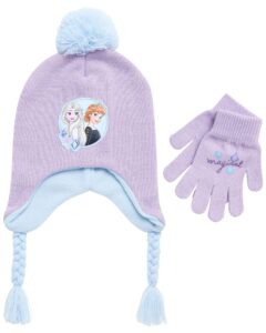 disney girls’ winter set: ear flap beanie hat, gloves or mittens: elsa, anna, princess (age: 2-7), size age 4-7, purple glove