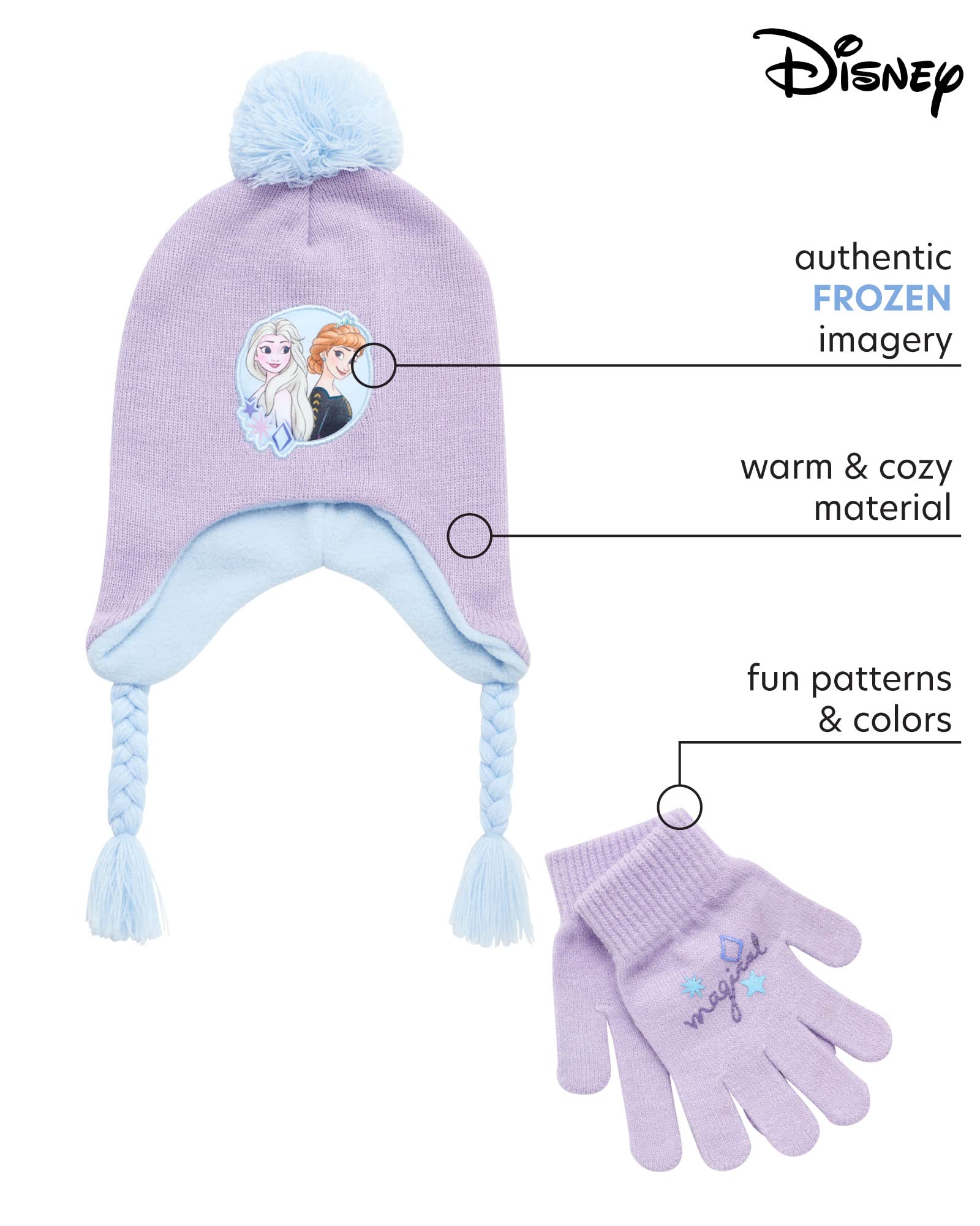 Disney Girls’ Winter Set: Ear Flap Beanie Hat, Gloves or Mittens: Elsa, Anna, Princess (Age: 2-7), Size Age 4-7, Purple Glove