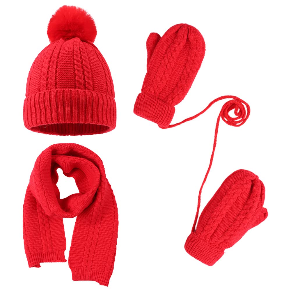Kids Winter Hat Scarf Mittens Set Toddler Knitted Beanie Girls Fleece Children Neck Warmer Boys Warm Gloves 2-7 Years (Red)