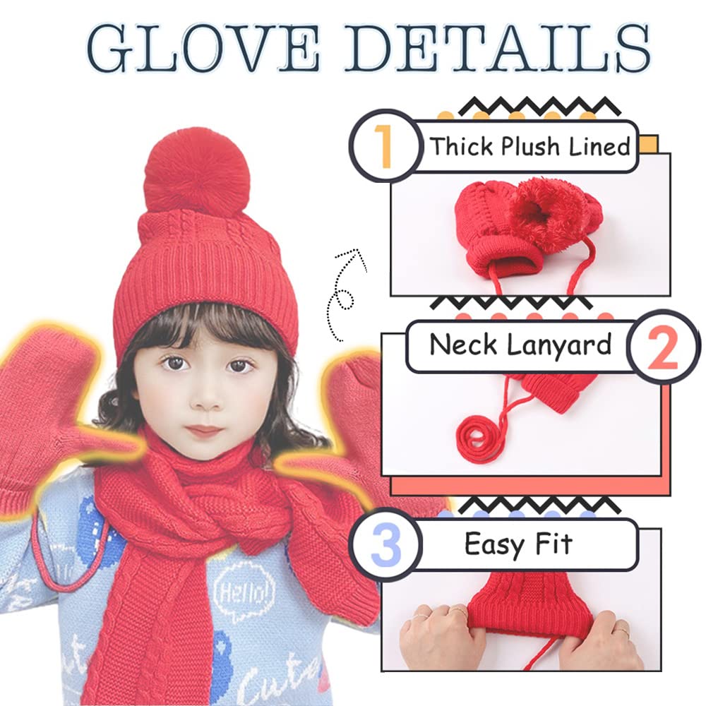 Kids Winter Hat Scarf Mittens Set Toddler Knitted Beanie Girls Fleece Children Neck Warmer Boys Warm Gloves 2-7 Years (Red)