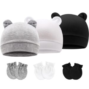 bqubo newborn baby hats mittens set hospital hat beanie bear ears preemie infant cotton caps gloves no scratch mittens for baby boys girls 0-3 months