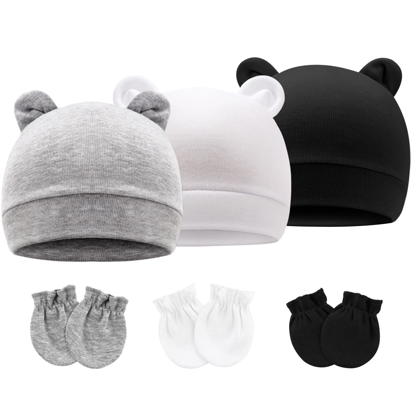 BQUBO Newborn Baby Hats Mittens Set Hospital Hat Beanie Bear Ears Preemie Infant Cotton Caps Gloves No Scratch Mittens for Baby Boys Girls 0-3 Months