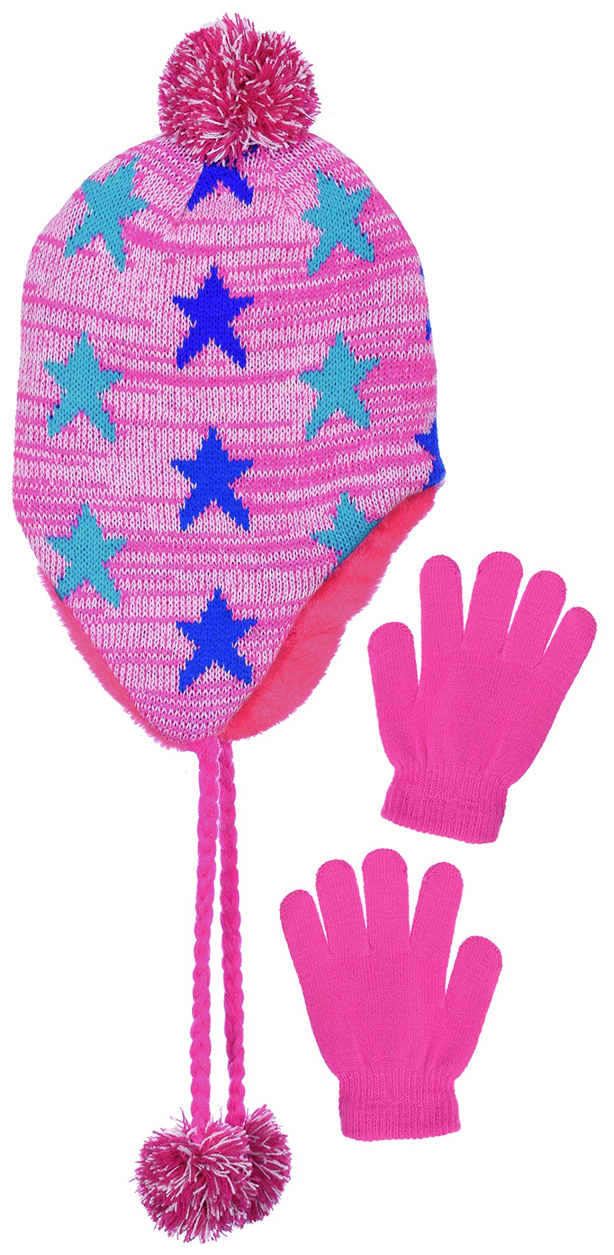 Girls Fleece Lined Knit Pom Beanie & Gloves Set with Warm Ear Flaps for Winter (Pink)