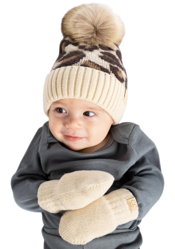 Funky Junque Infant Pom Beanie and Mittens Set - Leopard Beige