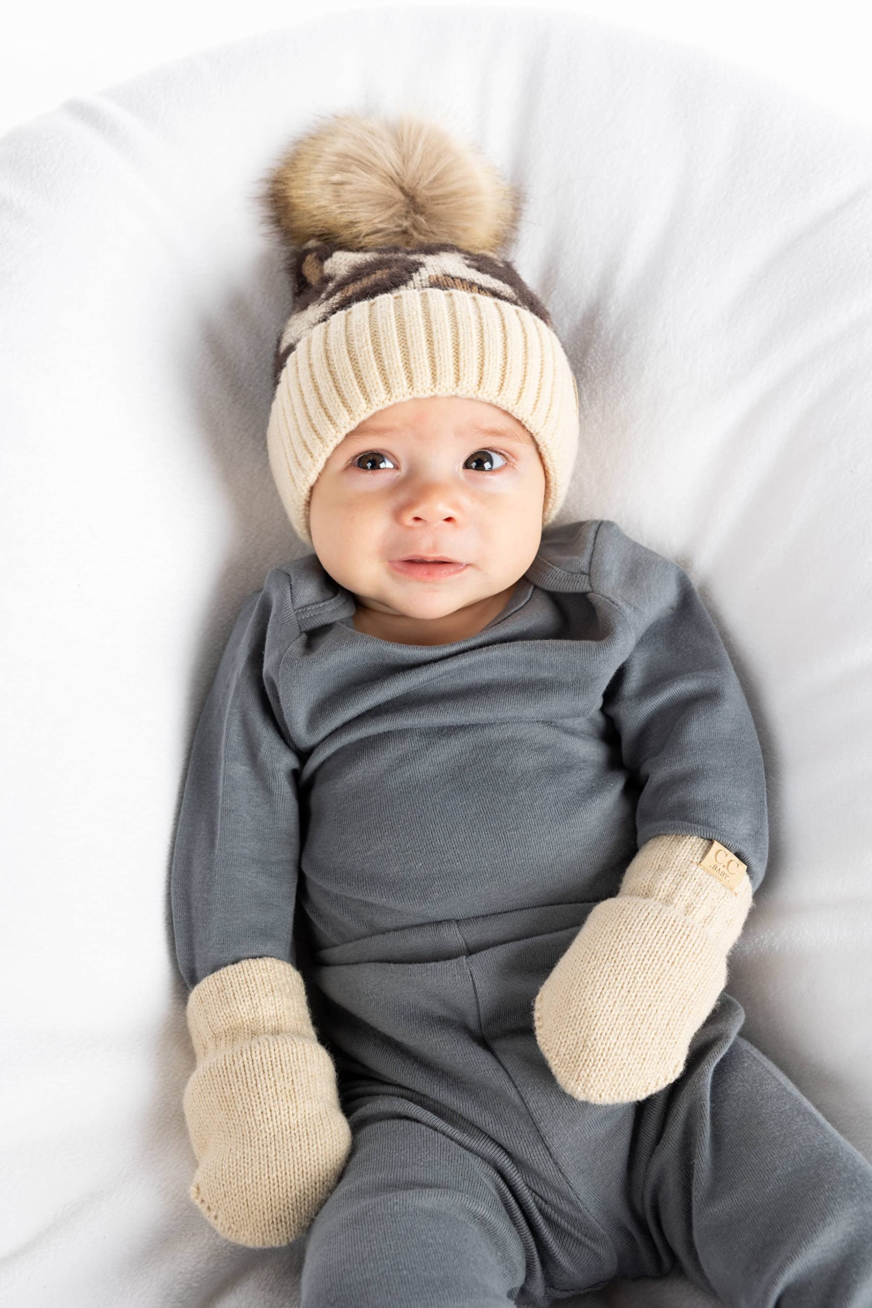 Funky Junque Infant Pom Beanie and Mittens Set - Leopard Beige