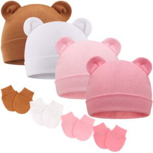 BQUBO Newborn Baby Hats Mittens Set for Boys Girls Hospital Hat Beanie Bear Ears Infant Caps Baby Cotton Gloves No Scratch Mittens for 0-6 Months