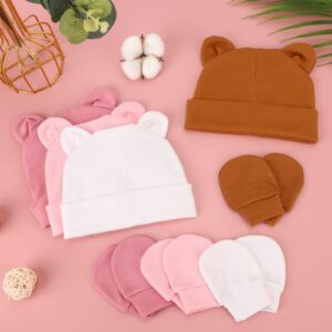 BQUBO Newborn Baby Hats Mittens Set for Boys Girls Hospital Hat Beanie Bear Ears Infant Caps Baby Cotton Gloves No Scratch Mittens for 0-6 Months