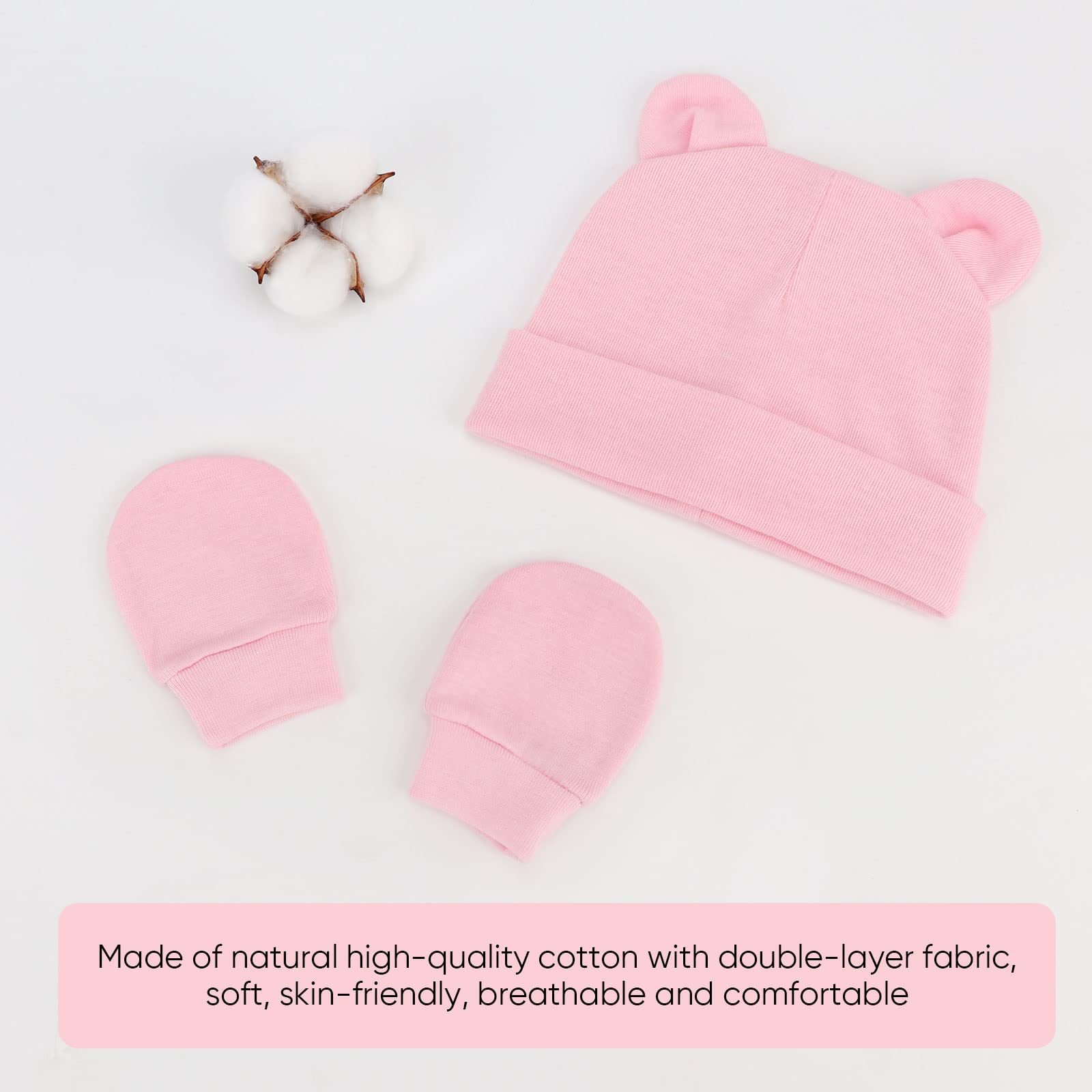 BQUBO Newborn Baby Hats Mittens Set for Boys Girls Hospital Hat Beanie Bear Ears Infant Caps Baby Cotton Gloves No Scratch Mittens for 0-6 Months