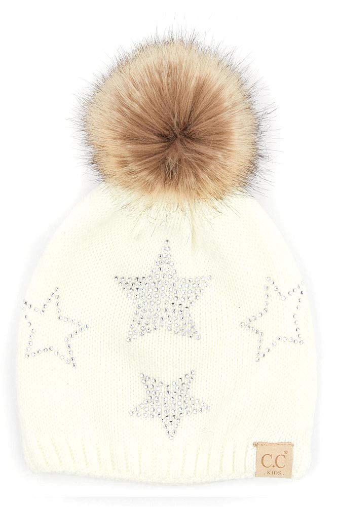 ScarvesMe Children Kids Girl Boy Ages 2-7 Star Rhinestone Knit Hat Beanie Faux Fur Pom Ivory