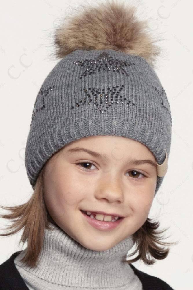ScarvesMe Children Kids Girl Boy Ages 2-7 Star Rhinestone Knit Hat Beanie Faux Fur Pom Ivory