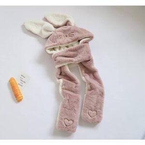 RUIXIA Women Girls Lovely Cartoon Bunny Ears Hat Scarf Gloves 3-in-1 Set Plush Fluffy Warm Hoodie Hat with Scarf Pocket Mitts Pink, One Size