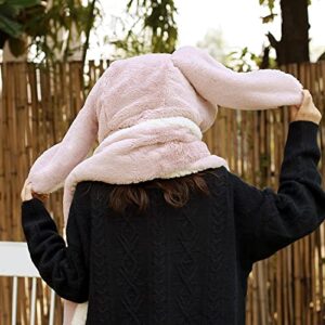 RUIXIA Women Girls Lovely Cartoon Bunny Ears Hat Scarf Gloves 3-in-1 Set Plush Fluffy Warm Hoodie Hat with Scarf Pocket Mitts Pink, One Size