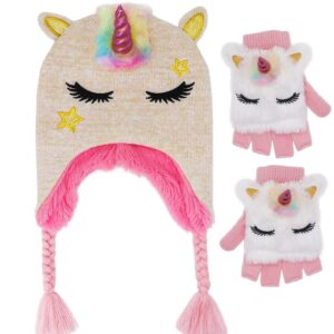 Kids Girls Cute Glitter Unicorn Beanie Winter Hat and Glove Set Knitted Earflap Cap Flip Top Mitten Set Beige