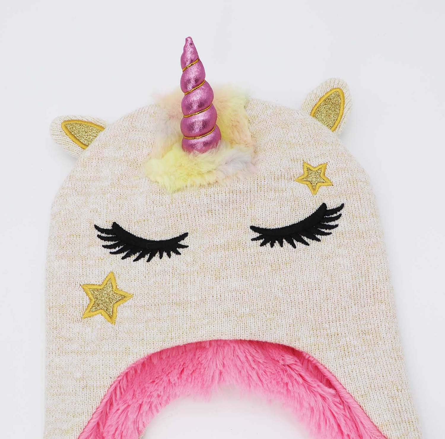 Kids Girls Cute Glitter Unicorn Beanie Winter Hat and Glove Set Knitted Earflap Cap Flip Top Mitten Set Beige