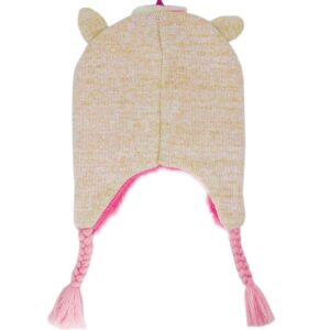 Kids Girls Cute Glitter Unicorn Beanie Winter Hat and Glove Set Knitted Earflap Cap Flip Top Mitten Set Beige