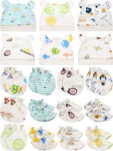 18 pieces newborn cap mitten sock, including 6 pieces newborn hats, 6 pairs baby no scratch mittens gloves and 6 pairs infant socks for 0-6 months unisex baby boys girls set multicoloured