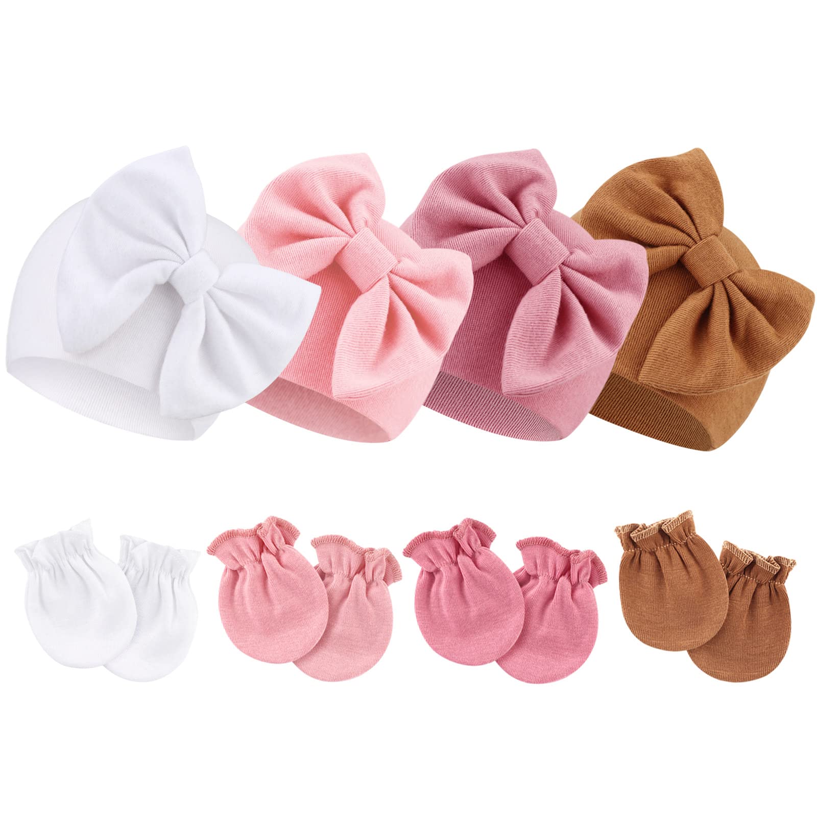 Newborn Baby Bow Hats and Mittens Hospital Hat Beanie Infant Caps Baby Cotton No Scratch Mittens Set for 0-6 Months