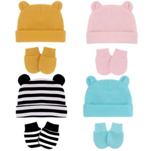 ikasus Newborn Baby Bear Ears Hats and Mittens Sets Preemie Cotton Caps Baby Boy Girl Infant Hospital Beanie 4 Sets Type 6