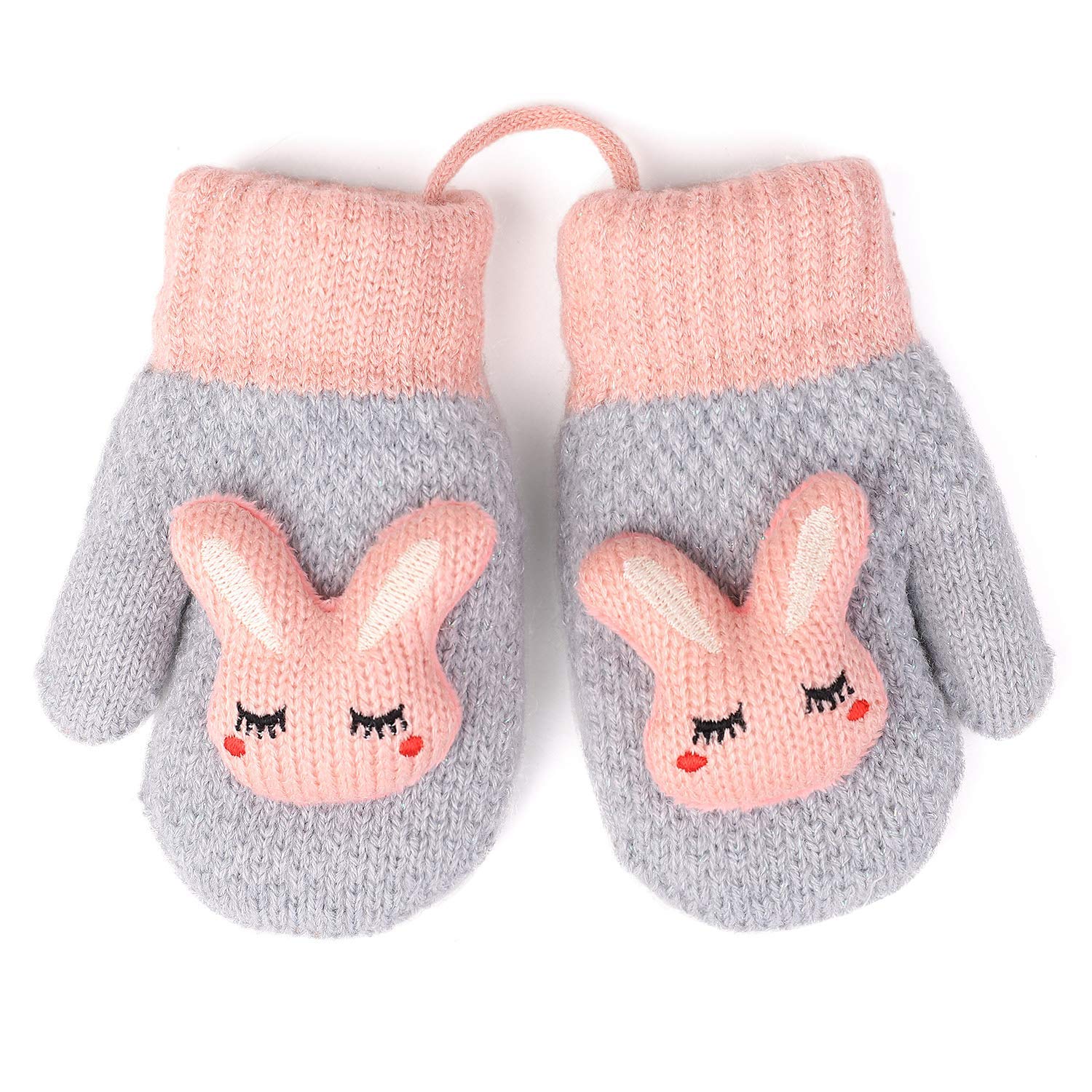 F Flammi 2 Pairs Toddler Mittens for Baby Boys Girls Winter Sherpa Lined Warm Knit Mittens Cartoon Bunny Kids Gloves (1-3 Years)