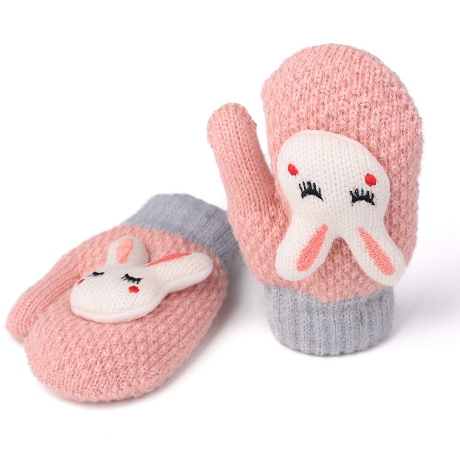 F Flammi 2 Pairs Toddler Mittens for Baby Boys Girls Winter Sherpa Lined Warm Knit Mittens Cartoon Bunny Kids Gloves (1-3 Years)