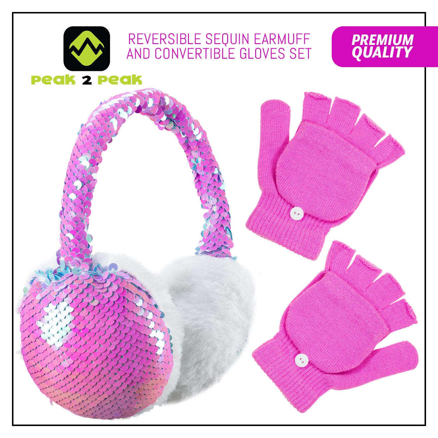 PEAK 2 PEAK Girls Pink Earmuff and Convertible Fingerless Gloves Winter Set [4014]