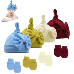 4 sets newborn beanie hat gloves set, baby hats and mittens, baby girl boy baby beanie with bow, spring summer autumn winter hats for newborn infant