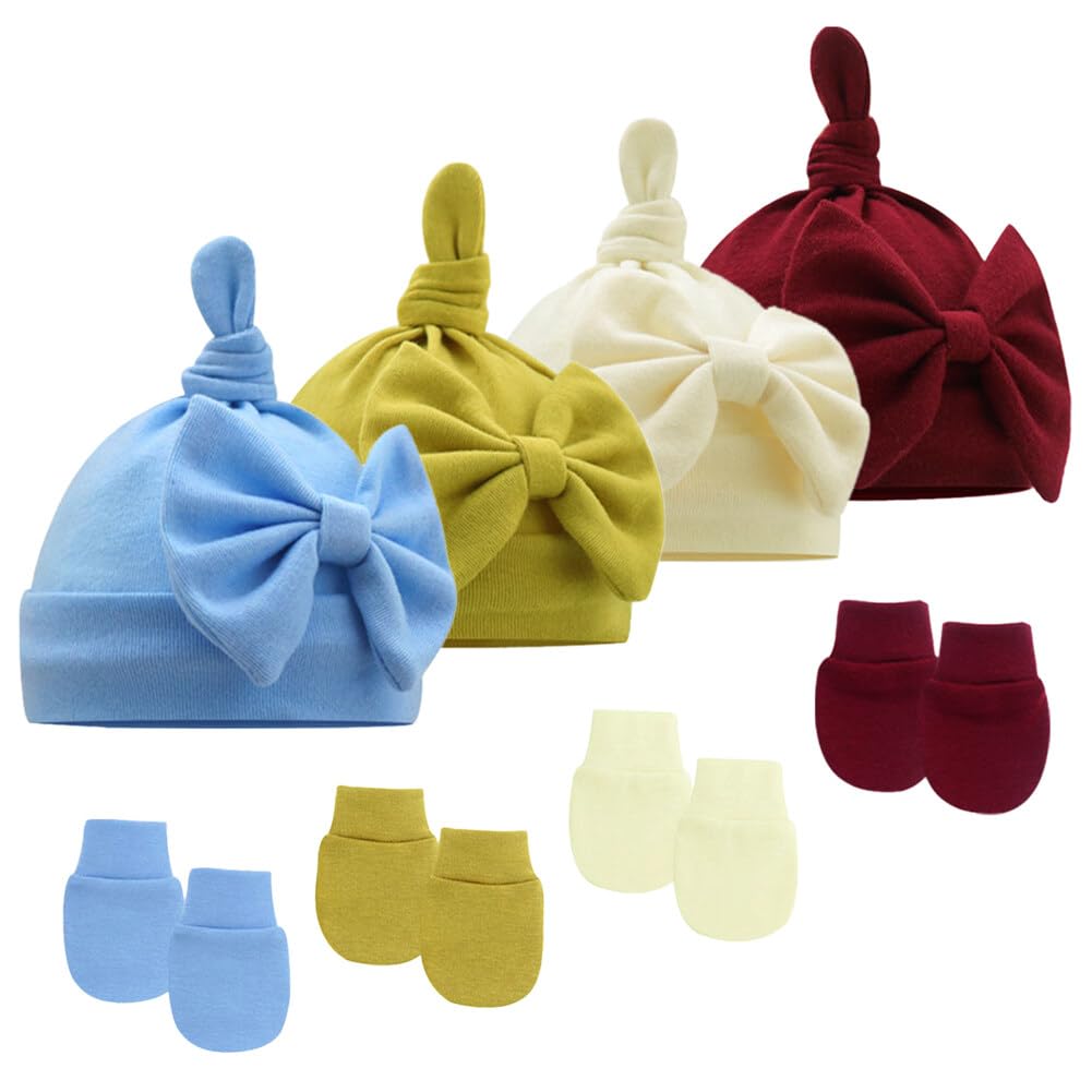 4 Sets Newborn Beanie Hat Gloves Set, Baby Hats and Mittens, Baby Girl Boy Baby Beanie with Bow, Spring Summer Autumn Winter Hats for Newborn Infant