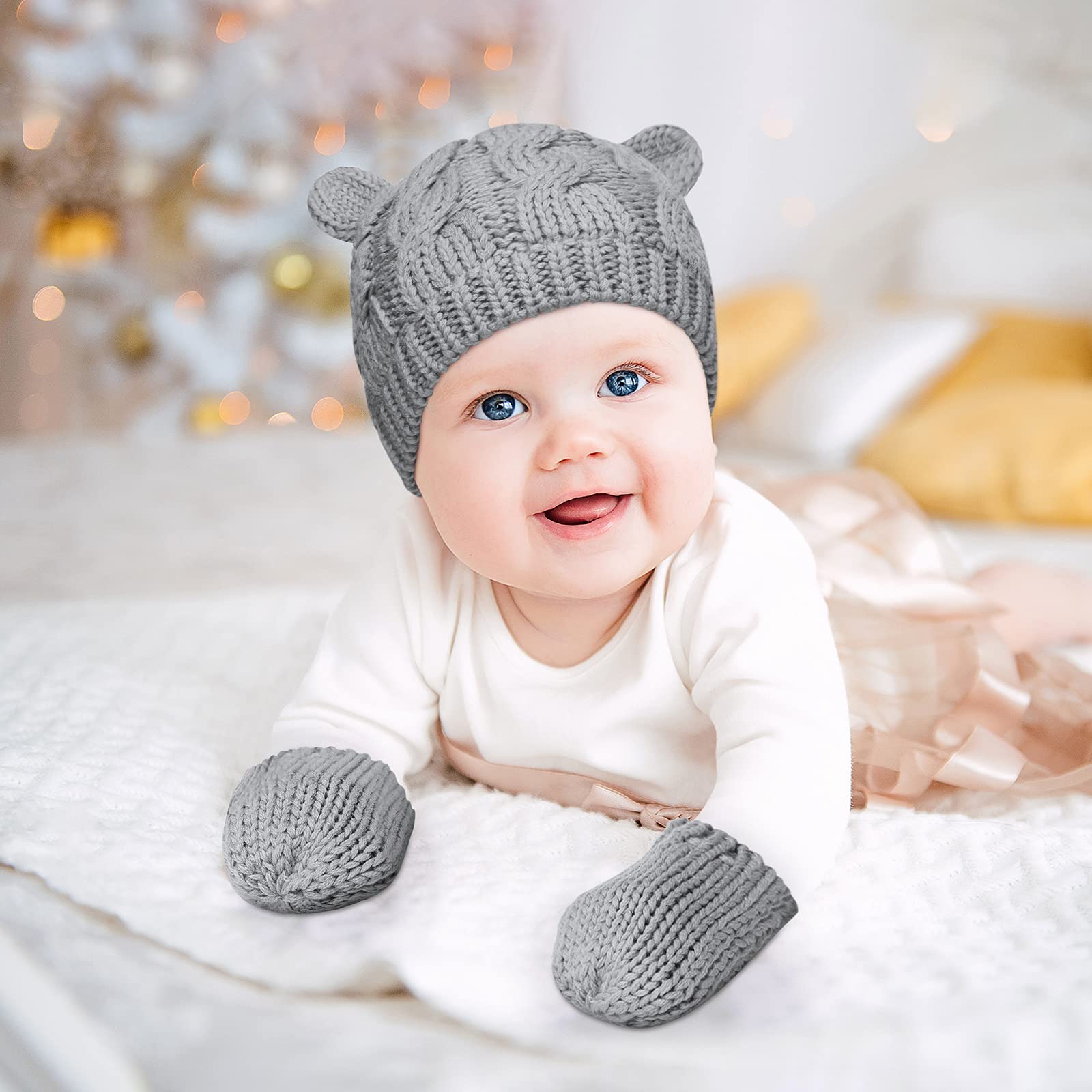 6 Pieces Baby Hats and Mitten Set Winter Newborn Unisex Beanie Hat Knitted Gloves Warm Cap Infant Toddler for Boys Girls 6 to 18 Months (Black, White, Gray)