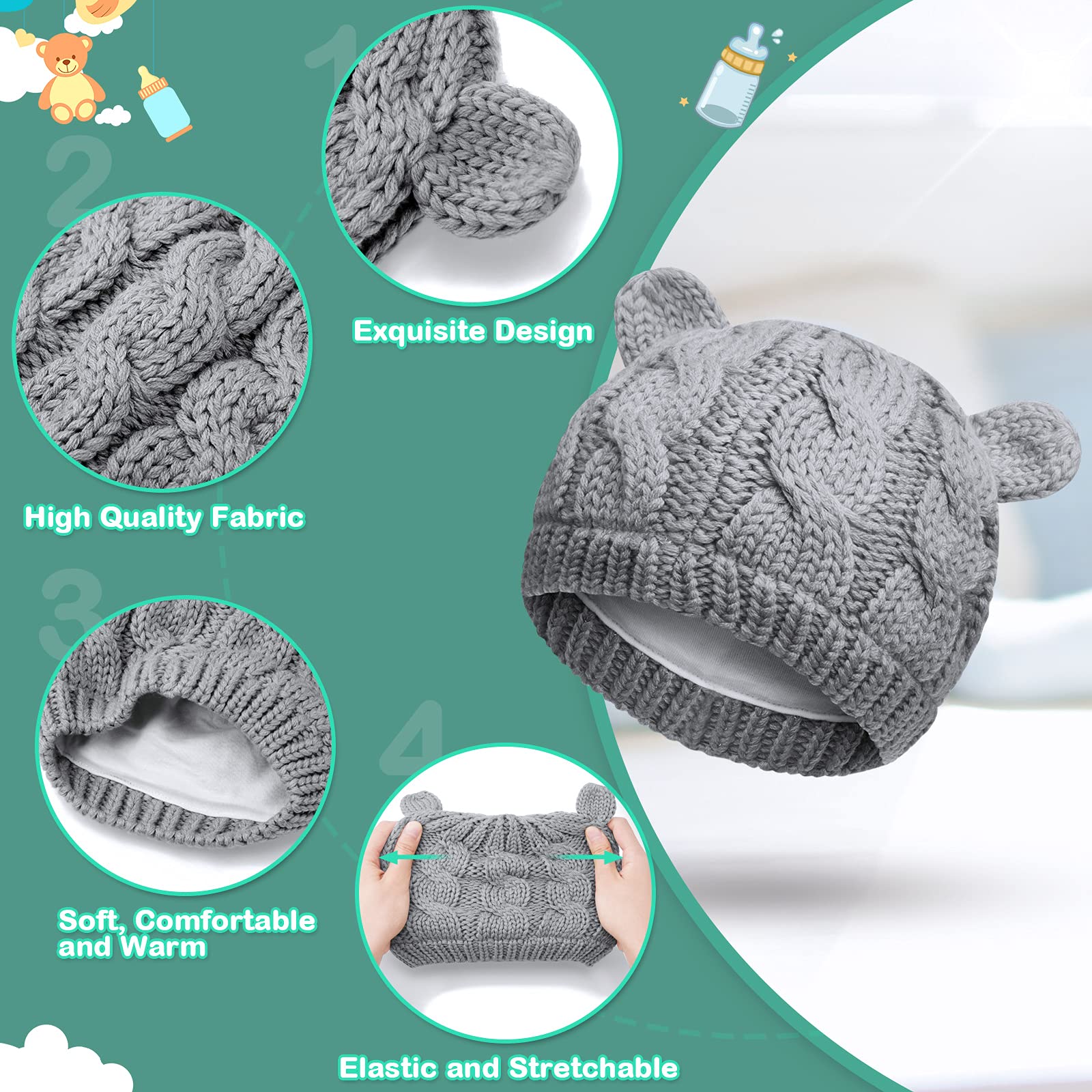 6 Pieces Baby Hats and Mitten Set Winter Newborn Unisex Beanie Hat Knitted Gloves Warm Cap Infant Toddler for Boys Girls 6 to 18 Months (Black, White, Gray)