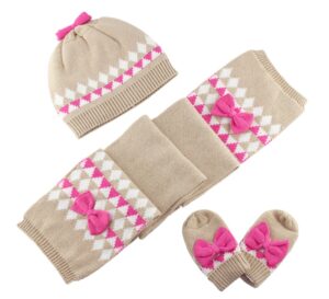 ding dong baby kid girl winter knitted bowknot hat+scarf+gloves 3 pieces set(6-12m) khaki