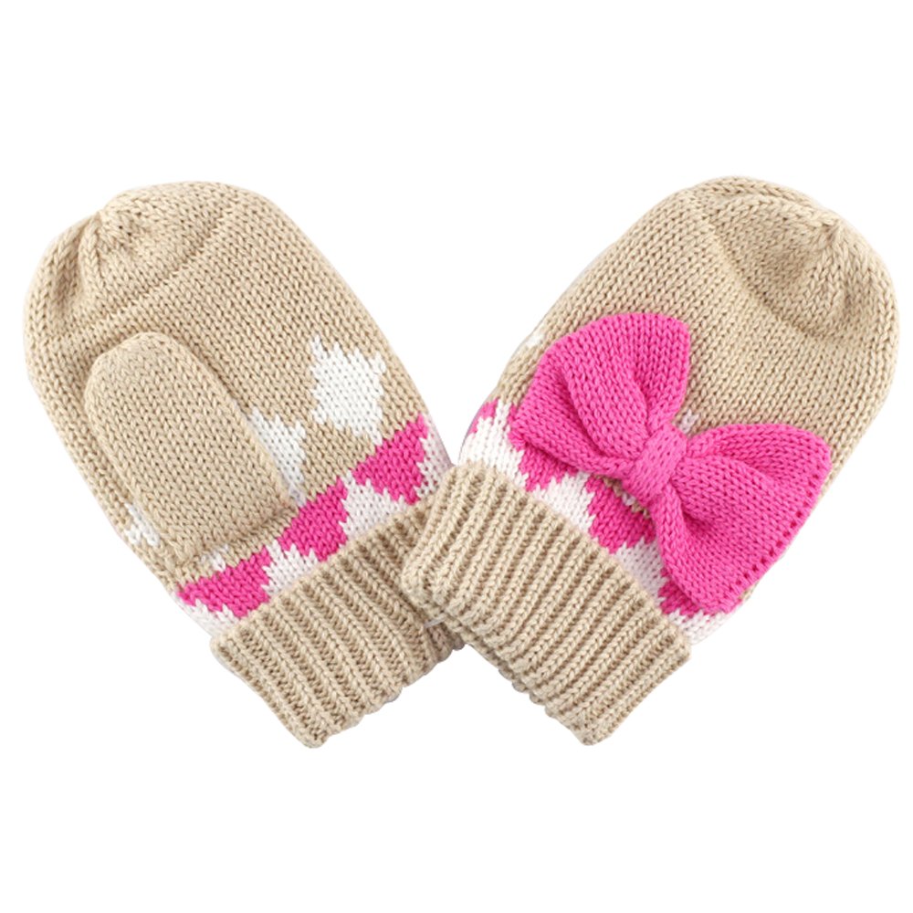 Ding Dong Baby Kid Girl Winter Knitted Bowknot Hat+Scarf+Gloves 3 Pieces Set(6-12M) Khaki