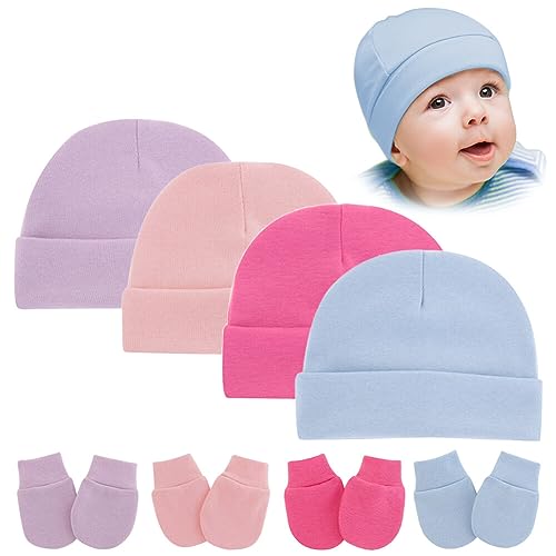 4 Sets Newborn Baby Caps Mittens Sleeping Hat and Gloves Beanie Infant Hats with Bow Baby Scratch Mitten Gloves for Boys Girls, Type 4