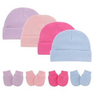 4 Sets Newborn Baby Caps Mittens Sleeping Hat and Gloves Beanie Infant Hats with Bow Baby Scratch Mitten Gloves for Boys Girls, Type 4