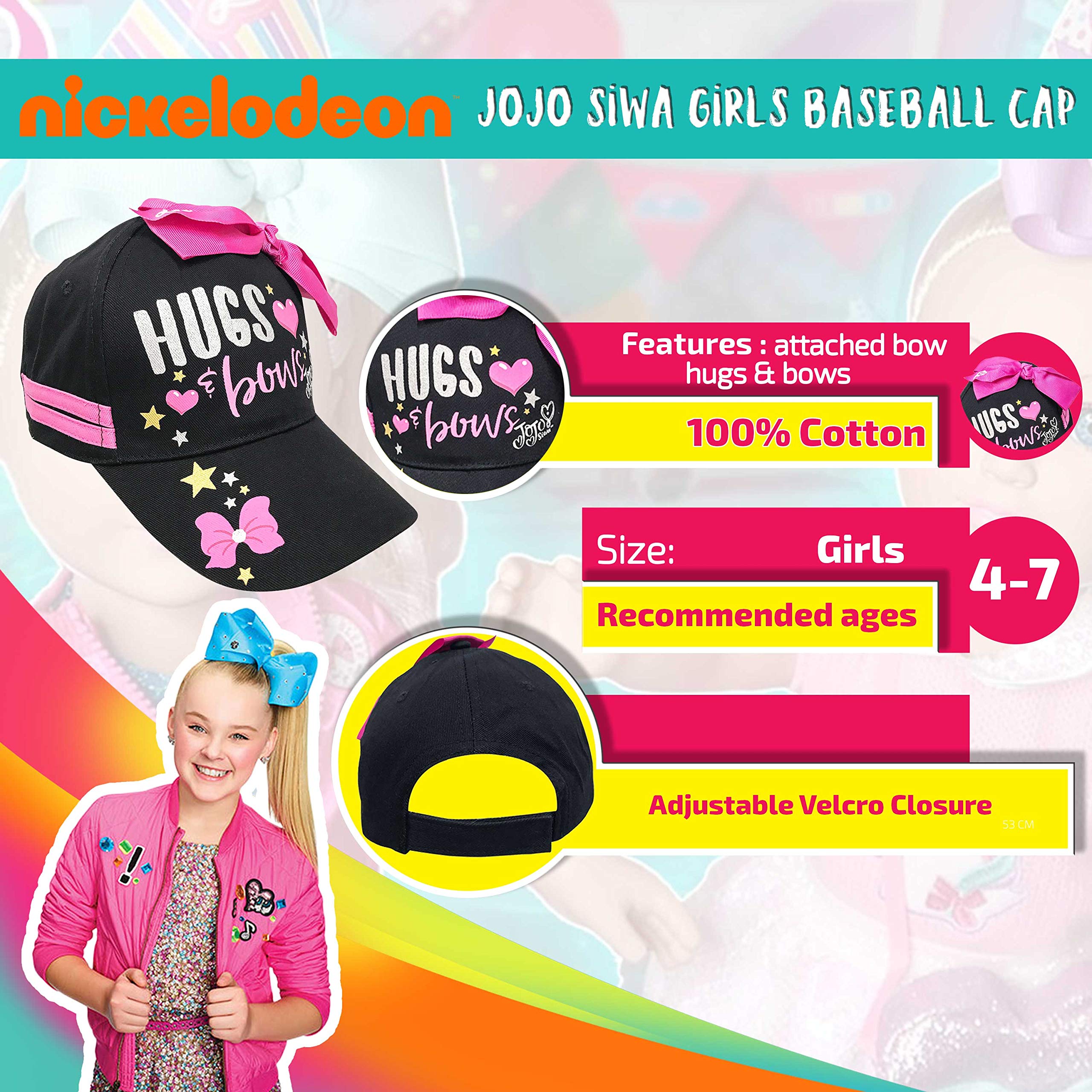 Nickelodeon JoJo Siwa Hugs Bow Girls Baseball Cap Hat, Age 4-7 Black/Pink