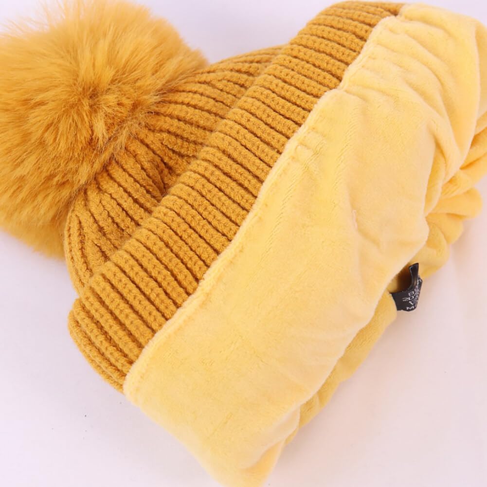 Kids Winter Beanie Hat Scarf Gloves Set, Winter Knit Warm Soft Pom-Pom Beanie Hat for Boys and Girls Outdoor Warm Beige